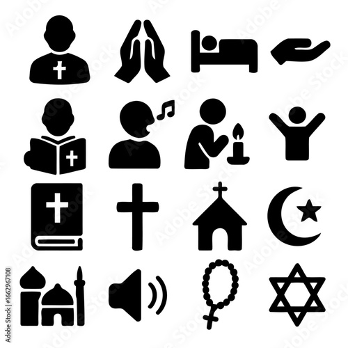 Religious Iconography Collection: An evocative array of spiritual icons in clean black and white, representing prayer, devotion, faith, and the diverse traditions of global belief systems.