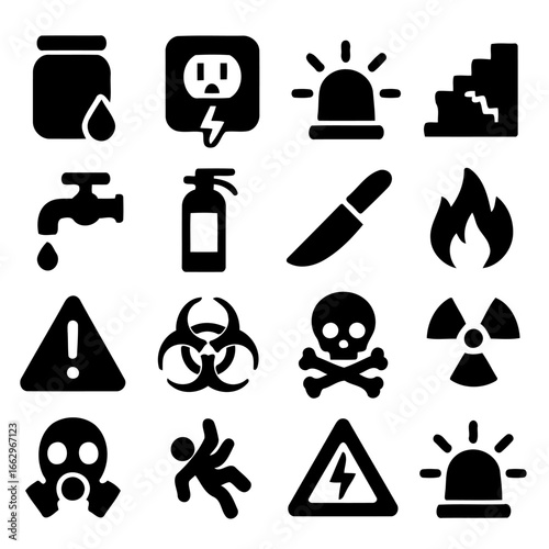 Safety Hazard Icons Set: A minimalist collection of safety hazard icons, meticulously crafted in a monochromatic aesthetic.