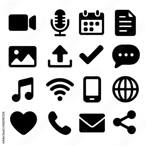 Iconic Web Elements: A collection of essential icons representing communication, media, and connectivity, showcasing the core elements of the online experience in a sleek.