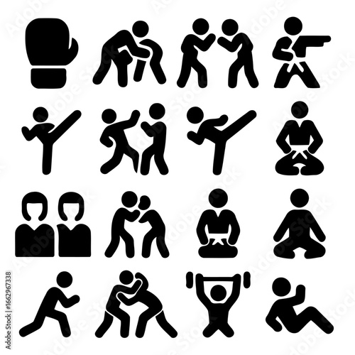 Martial Arts Icons: Dynamic and striking vector illustrations of martial arts and combat sports, demonstrating various techniques and poses in a bold and captivating style. 