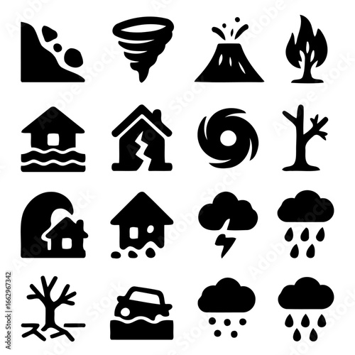 Disaster Icons: Collection of graphical icons depicting various natural disasters.