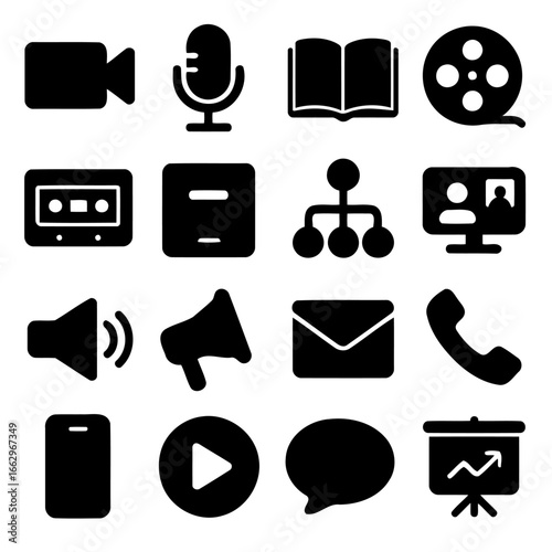 Iconic Digital Communication: A curated set of meticulously crafted icons representing the essential facets of modern digital communication. A collection of minimalistic symbols