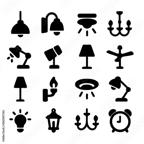 Illumination Variety: A collection of silhouette icons depicting various lighting fixtures, from classic chandeliers to modern desk lamps, celebrating the versatility of illumination designs.