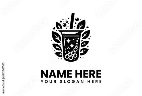 Stylish Black and White Boba Tea Logo Design with Leaves.