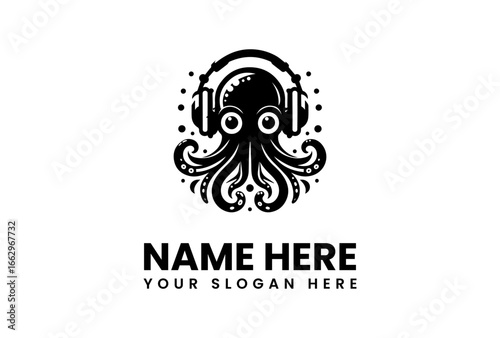Stylish Black and White Octopus Logo with Headphones.
