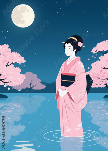 beautiful geisha woman at the lake Illustrator Artwork design template poster