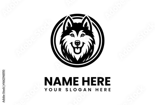 Stylized Black and White Husky Head with Open Mouth in a Circle.