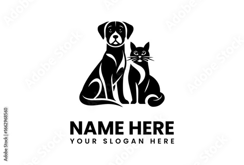 Stylized Black Silhouette of a Labrador Retriever and Cat Sitting Together.