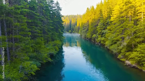 Breathtaking aerial view of a tranquil turquoise river meandering through a dense, sunlit evergreen forest