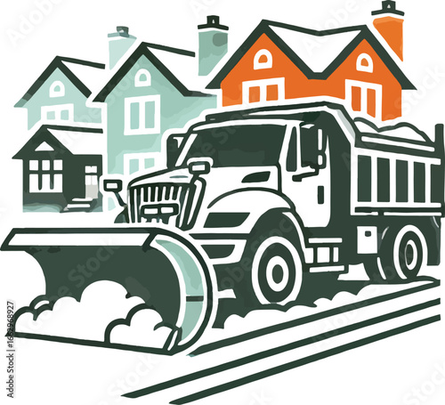 Snow Plow Truck Clearing Snowy Suburban Street dump truck
