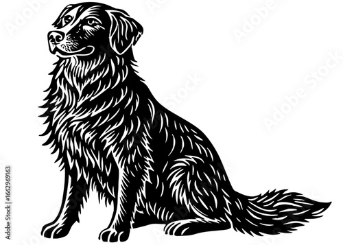 Golden Retriever Sitting Silhouette Linocut, Calm Pet Dog Vector Art