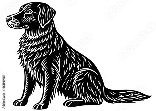 Golden Retriever Sitting Silhouette Linocut, Calm Pet Dog Vector Art