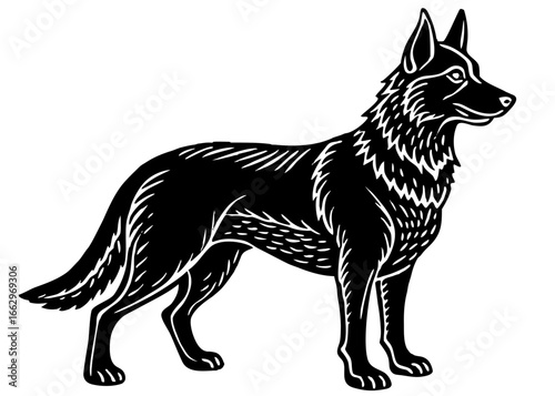 German Shepherd Guard Pose Silhouette Linocut, Security Dog Vector Design