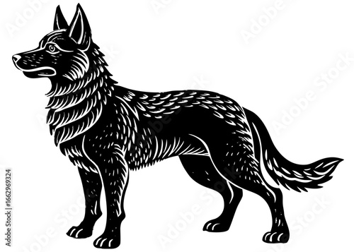 German Shepherd Guard Pose Silhouette Linocut, Security Dog Vector Design