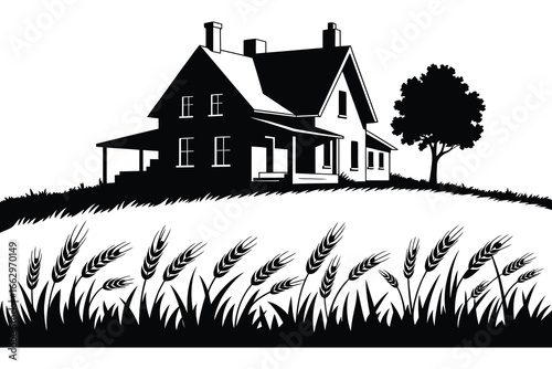 Black and White Farmhouse Illustration with Wheat Field and Tree