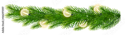 Realistic fir branch shimmering with bright Christmas lights. Christmas tree branches with garland round electric bulbs. For holiday banners, New Year, Christmas posters. Vector illustration