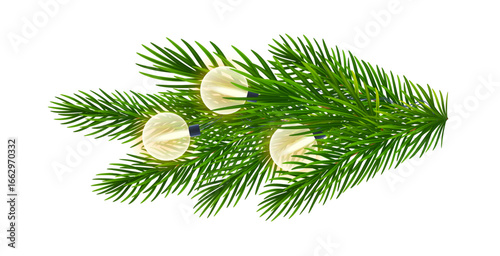 Realistic fir, coniferous branch, spruce twigs shimmering with bright Christmas lights. Christmas tree branches with garland round electric bulbs. For holiday banners, New Year, Xmas posters. Vector
