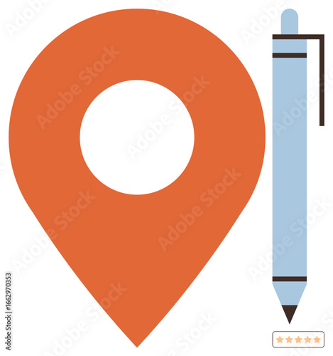 Bold orange location pin beside a minimalist blue pen with a four-star rating icon. Ideal for navigation, feedback, location services, writing, ratings, creativity, and communication. Simple flat
