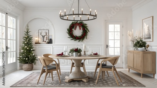 Minimalist White Interiors Christmas dining room with tulip base bleached oak table and elegant holiday styling for New England homes