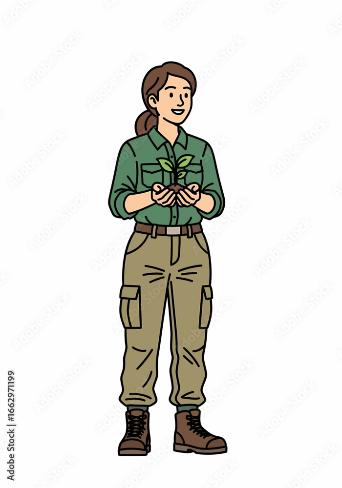 Obraz premium Woman in green shirt and cargo pants holding a small plant seedling, representing growth and nature conservation efforts