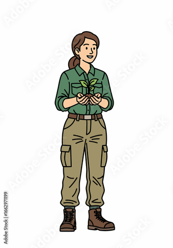 Woman in green shirt and cargo pants holding a small plant seedling, representing growth and nature conservation efforts