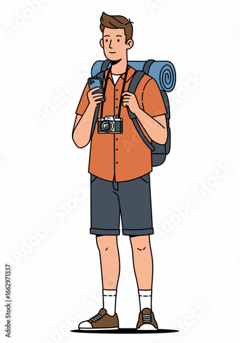 A young man traveler with a backpack and camera standing ready for an adventure. Vector illustration of a happy tourist on a journey