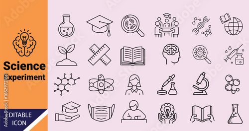 Science and education are showcased through various laboratory equipment outlined against a transparent background