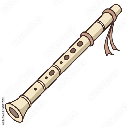 A simple cartoon illustration of a light brown recorder musical instrument with dark brown finger holes and decorative bands