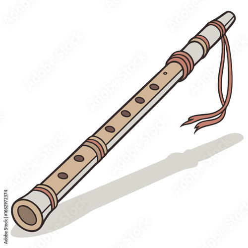A simple illustration of a wooden native american flute with decorative bands and ribbons