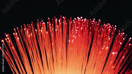 Glowing Red Fiber Optic Strands Illuminated Against a Dark Background