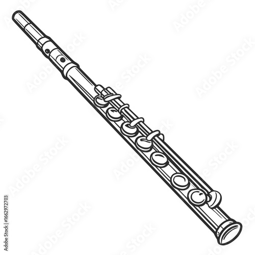 Detailed black and white line drawing illustration of a concert flute with its keys and tone holes
