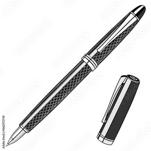 Elegant black and silver patterned ballpoint pen with its cap detached on a white background