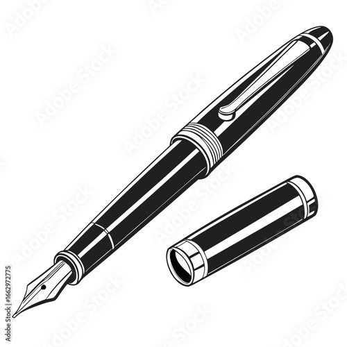 Elegant black and white illustration of a classic fountain pen with its cap removed