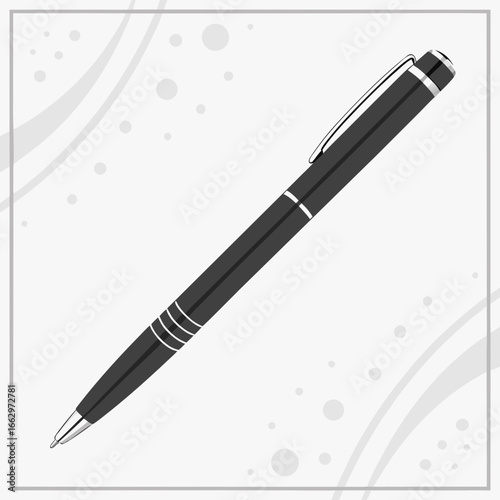 Elegant black ballpoint pen with silver accents on a light gray background with decorative elements
