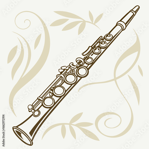 Elegant illustration of a brown clarinet with decorative swirling lines and leaves on a light background