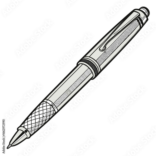 Elegant silver ballpoint pen with textured grip and clip isolated on white background