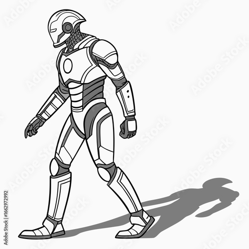 Futuristic humanoid robot in a walking pose with a distinct shadow on a white background