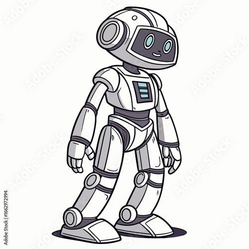 Friendly cartoon robot character standing and looking to the side with a happy expression