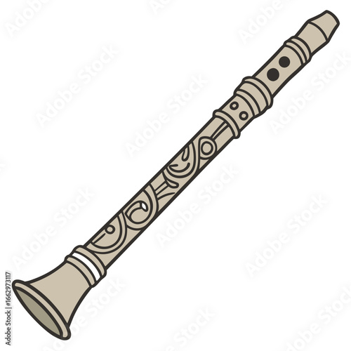 Ornate clarinet with decorative engravings and a bell shaped mouthpiece