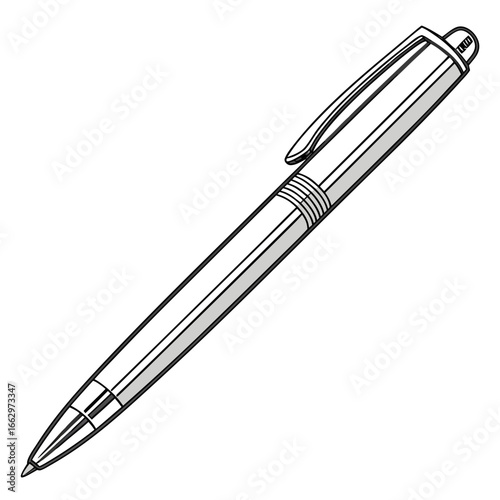 Stylized illustration of a modern silver ballpoint pen with a clip and textured grip