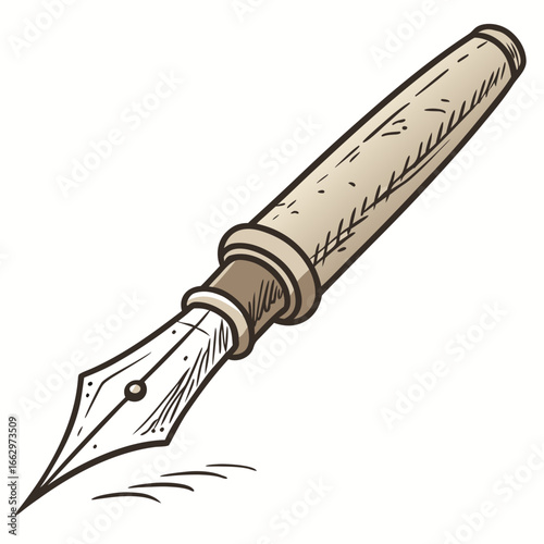 Vintage style fountain pen with a sharp nib writing a few lines on a white background
