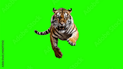 A Bengal tiger in a dynamic leap against a solid green background.
