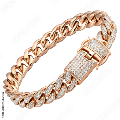 Rose Gold Diamond Cuban Link Bracelet on transparent background