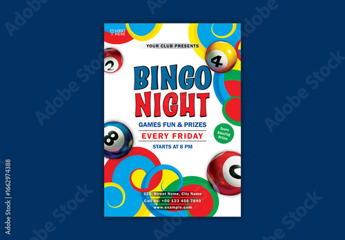 Bingo Night Flyer with Colorful Bingo Balls and Event Details for Fun and Prizes, Editable Design.
