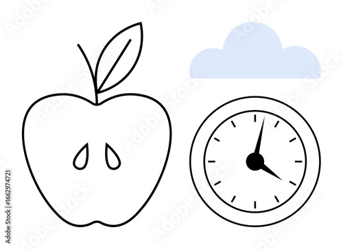 Black outline of an apple with seeds, an analog clock, and a light blue cloud. Ideal for health, nutrition, wellness, time planning, eco-friendliness sustainability and mindfulness. Simple flat