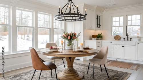 Minimalist White Interiors Christmas dining room with tulip base reclaimed wood table and elegant holiday styling for Southwest desert homes