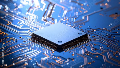 Minimalist AI chip embedded in a sleek circuit board, metallic textures reflecting subtle ambient light.