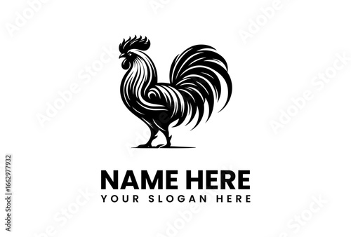Bold Black Rooster Logo with Detailed Feather and Crest Design 1.
