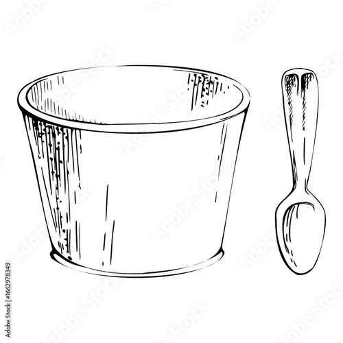 Paper cup bucket, disposable plastic spoon, single-use or reusable cutlery. graphic illustration hand drawn in vector ink. Dessert bar signage, deli takeaway delivery flyers ads, zero waste produce