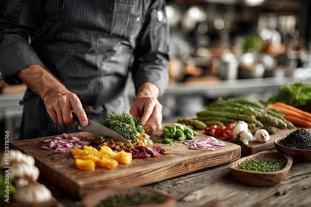 Obraz premium cooking chef hands chop fresh ingredients on a wooden board like a symphony conductor.